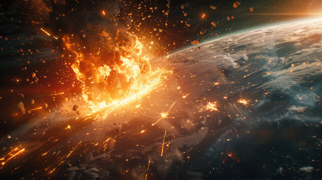 Huge meteorite impacting Earth, causing global disaster and extinction
