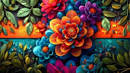 vibrant depiction of flowers in full bloom. The petals are a rainbow of colors, from deep purples to bright yellows.