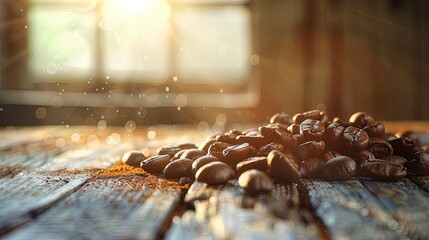 Roasted coffee beans on a rustic wooden table, morning sunlight casting soft shadows. The warm,...