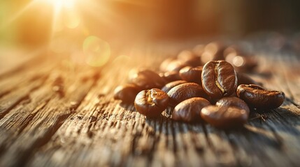 Roasted coffee beans on a rustic wooden table, morning sunlight casting soft shadows. The warm, inviting setting emphasizes quality and natural origin