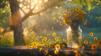 Wild field flowers in glass jar on table, summer sunrise scenery
