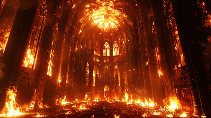 Interior of burning cathedral, concept of hell, catastrophe