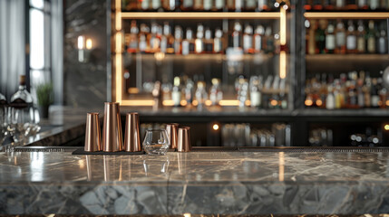 Marble bar counter with copper utensils and shelves with bottles