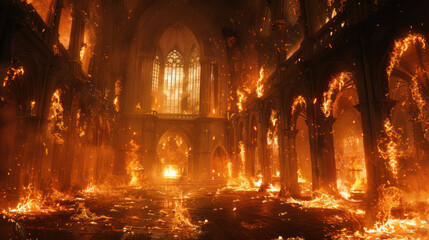 Fire in cathedral, nightmare scene