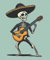 An elegant skeleton wearing a black sombrero and playing a guitar. Cinco de Mayo