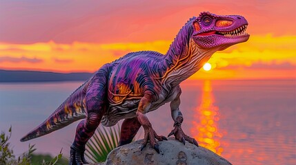 The purple dinosaur is standing on a rock, the background is sunset.