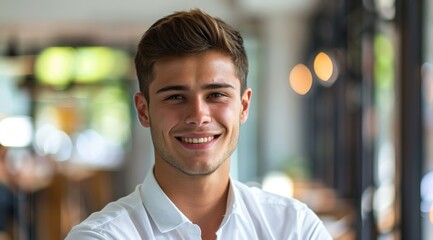 Fototapeta premium Confident Young Professional in White Shirt, Headshot Portrait with Office Background