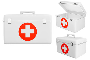 First aid kit, red medicine box, emergency car, ambulance medical assistance Care and assistance...