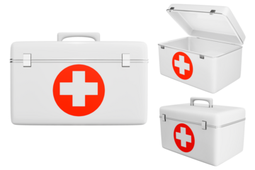 First aid kit, red medicine box, emergency car, ambulance medical assistance Care and assistance emergency accident concept 3D illustrated icons - clipping path