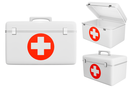 First aid kit, red medicine box, emergency car, ambulance medical assistance Care and assistance emergency accident concept 3D illustrated icons - clipping path