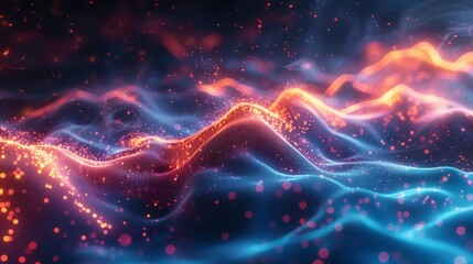 Obraz premium Blue and orange glowing particles form into a wave-like shape.