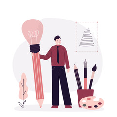 Man holding pencil with glowing light bulb. Concept of creativity, creative thinking, innovative idea, innovation, inspiration for artist