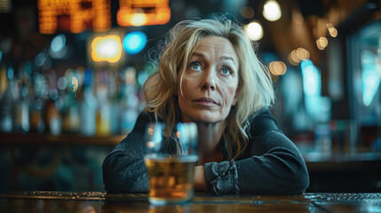 Obraz premium Middle aged woman with drinking habit in a bar