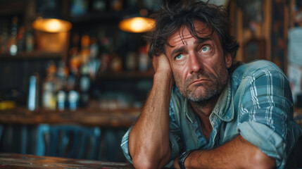 Fototapeta premium Sad middle aged alcoholic consuming drinks in pub