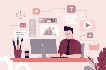 Creative work, young adult man working on idea behind his desk. Creative process, workflow, icons on background. Editor drawing digital graphic. Designer freelancer at work.