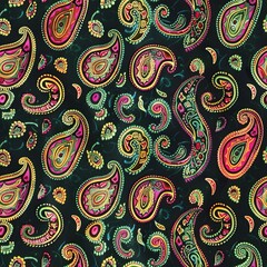 An intricate paisley pattern in teal and pink on a black background.