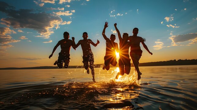 Friends leaping into a lake at sunset creating a splash of memories