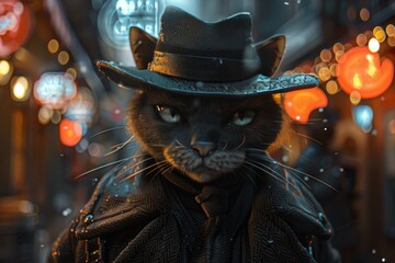 A noir style portrait of a cat wearing a fedora in a rainy city street with red lanterns in the background