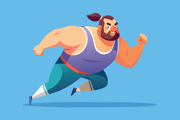 A cartoon man running with a purple tank top on