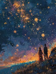 A romantic scene of a couple watching a meteor shower, each meteor a tiny flower puzzle