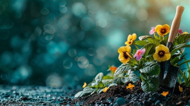 Background and Planting spring flowers in the garden. Gardening tools and flowers on soil