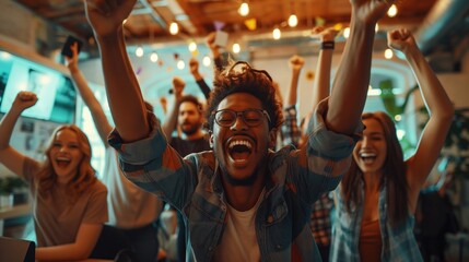 Fototapeta premium A group of men and women encourage each other, cheer on each other, and work together as a team in modern office.