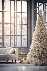 Living room interior. Christmas tree and wreath. New Year celebration. Vacation rentals. Winter holidays and vacations