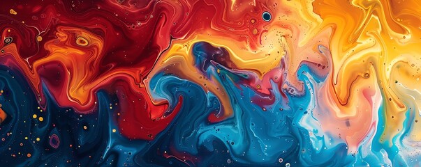 A vibrant abstract painting with swirling patterns of red, blue, and yellow, ideal for a creative background