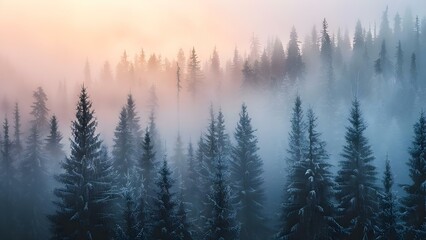 Mysterious foggy forest at sunrise with closeup of majestic pine trees. Concept Forest Photography, Sunrise Scenes, Closeup Shots, Majestic Trees, Foggy Landscapes