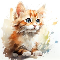 A watercolor painting of a cute kitten with big eyes