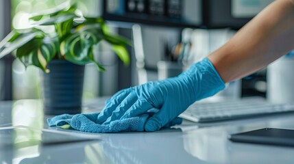 Wear blue gloves on your hands and use a towel to clean the work surface. Cleaning the work desk