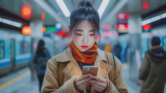 A young woman engrossed in her smartphone at a subway station platform, with a train and other commuters visible in the background. - Powered by Adobe