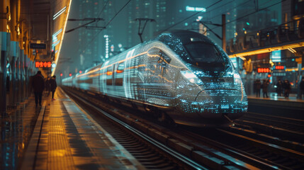 A modern high-speed train arriving at a bustling, well-lit station platform at nighttime, capturing the essence of contemporary urban rail travel.