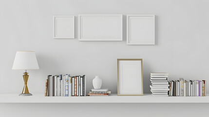 White shelves with Colorful books, light white interior of living room or cabinet in house. 