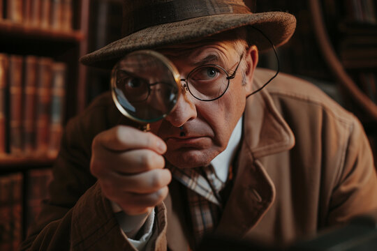 A detective with a hat and a magnifying glass