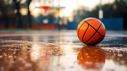 Basketball on the court with rainy day basketball background