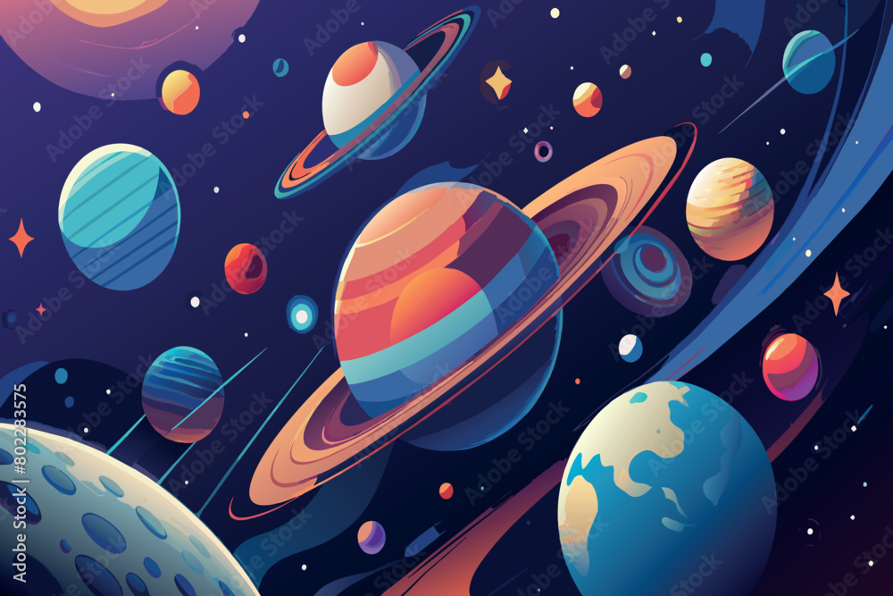 Wall mural a colorful space scene with planets and a large planet in the middle