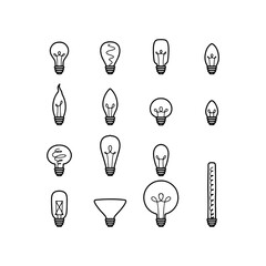 Hand Drawn Doodle variety of Edison or filament light bulb.