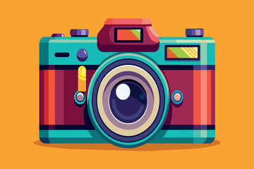 A colorful camera with a red lens and a blue body