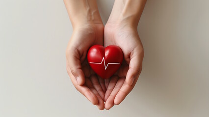 Hands holding red heart, health care, hope, love, organ donation, mindfulness, wellbeing, family insurance and CSR concept,
