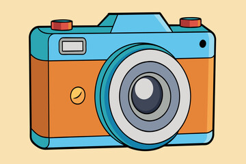 A cartoon camera with a blue and orange body