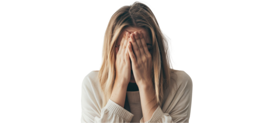 A woman covering her face with her hands, showing signs of stress, sadness, or exhaustion. She is against a neutral background, adding to the somber mood.