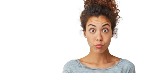 A surprised young woman with curly hair pulled up, wide eyes, and pursed lips, wearing a gray striped shirt against a white background.
