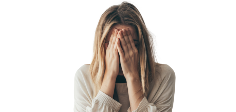 A woman covering her face with her hands, showing signs of stress, sadness, or exhaustion. She is against a neutral background, adding to the somber mood.