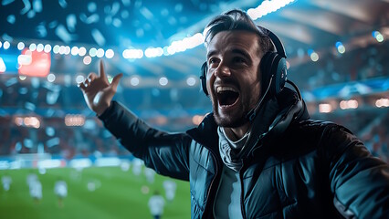 Football commentators emotionally broadcast football matches online. Competition. Sports news, information. Football fan. Profession concept.