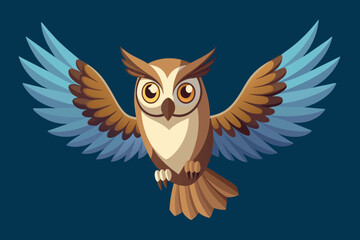 A cartoon owl with blue and brown wings is flying in the sky
