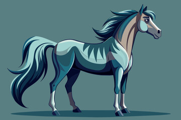 A horse with a blue mane and tail stands in front of a blue background