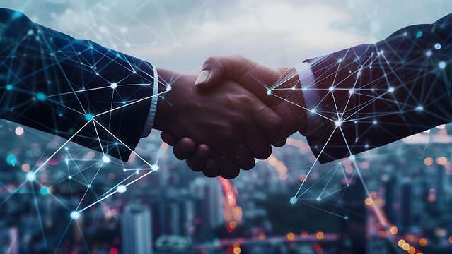 People shaking hands and communication network concept. Digital technology, internet communication, teamwork, partnership concept.