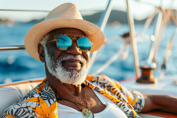 elderly African American man on a yacht, reveling in oceanic bliss, aged yachtsman