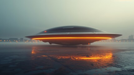 Futuristic Hovering UFO with Glowing Lights on Waterfront at Dusk
